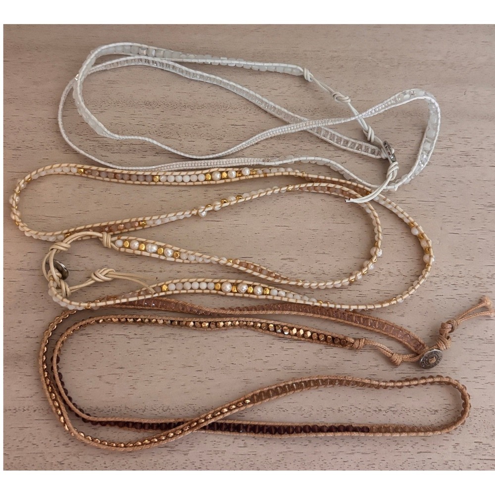 Victoria Emerson Boho Wrap Bracelet Bundle White Pearl Crystal Tan Gold Set of 3 - Picture 2 of 3